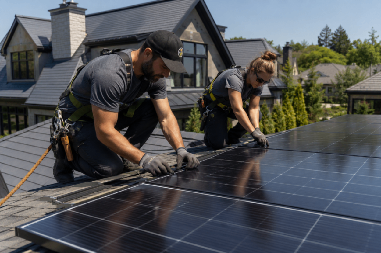 Unified Solar & Electric licensed technicians servicing a residential solar system in Colorado